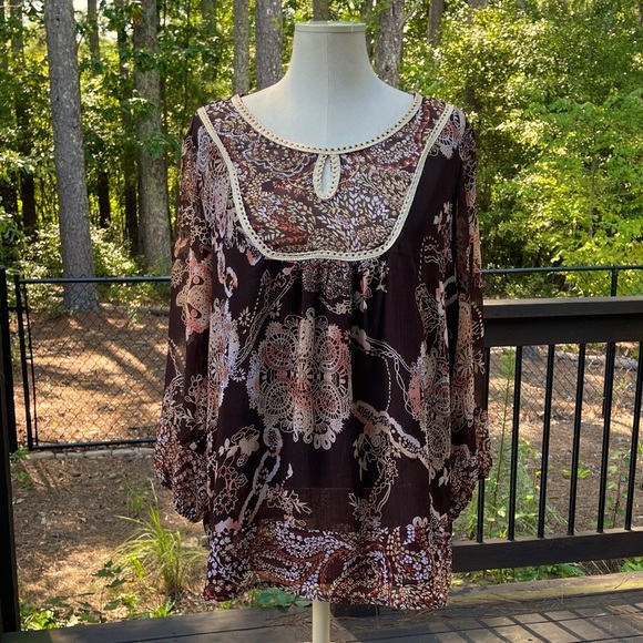 Boho Floral Women's Peasant Top - Brown Size XL - Picture 2 of 10